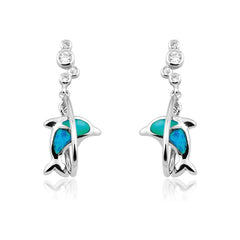 Sterling Silver CZ and Blue Inlay Opal Dolphin Diving Through Circle Earrings
