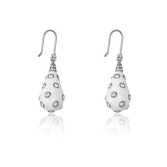 Sterling Silver White Enamel and Crystal Teardrop Shaped Earrings