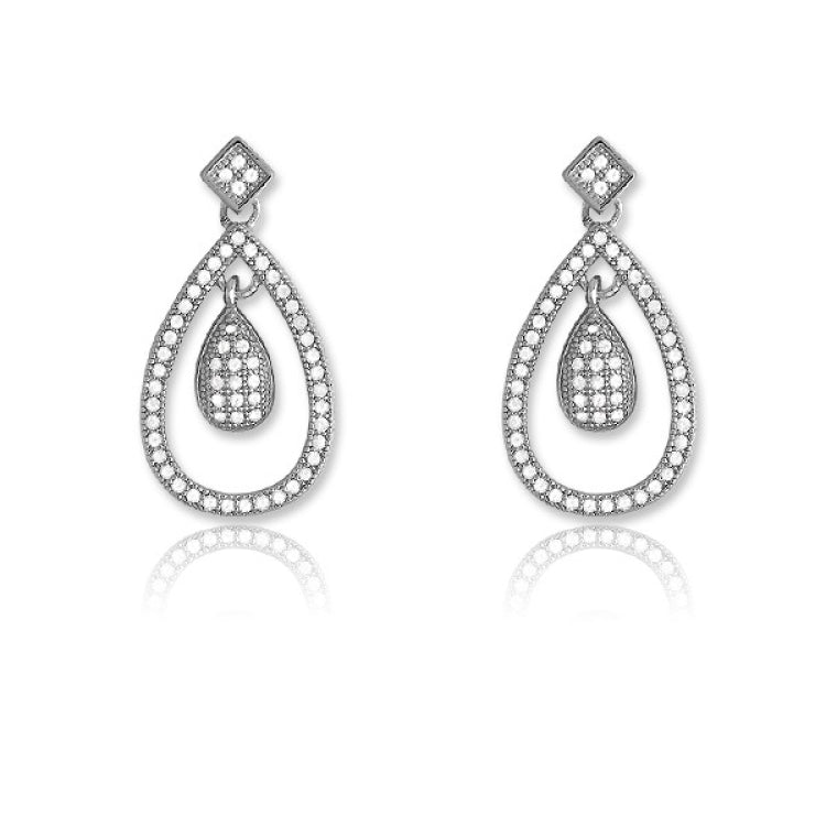 Sterling Silver Micro Pave Open Teardrop w/ Small Inner Teardrop Earrings (116 stones)