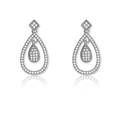 Sterling Silver Micro Pave Open Teardrop w/ Small Inner Teardrop Earrings (116 stones)