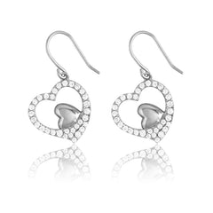Sterling Silver CZ Outline Heart w/ Inner Silver Heart Earrings