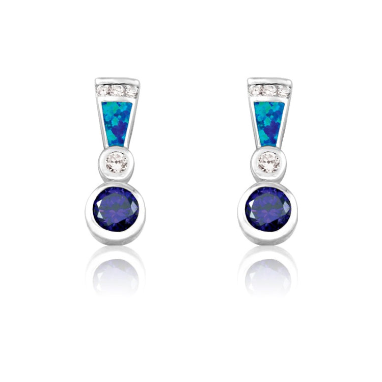 Sterling Silver Blue Inlay Opal Bale, with Clear and Amethyst Circle CZ Earrings