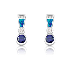 Sterling Silver Blue Inlay Opal Bale, with Clear and Amethyst Circle CZ Earrings