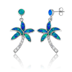 Sterling Silver Blue Inlay Opal and CZ Palm Tree Earrings