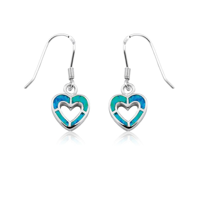 Sterling Silver Blue Inlay Opal Open Heart Earrings