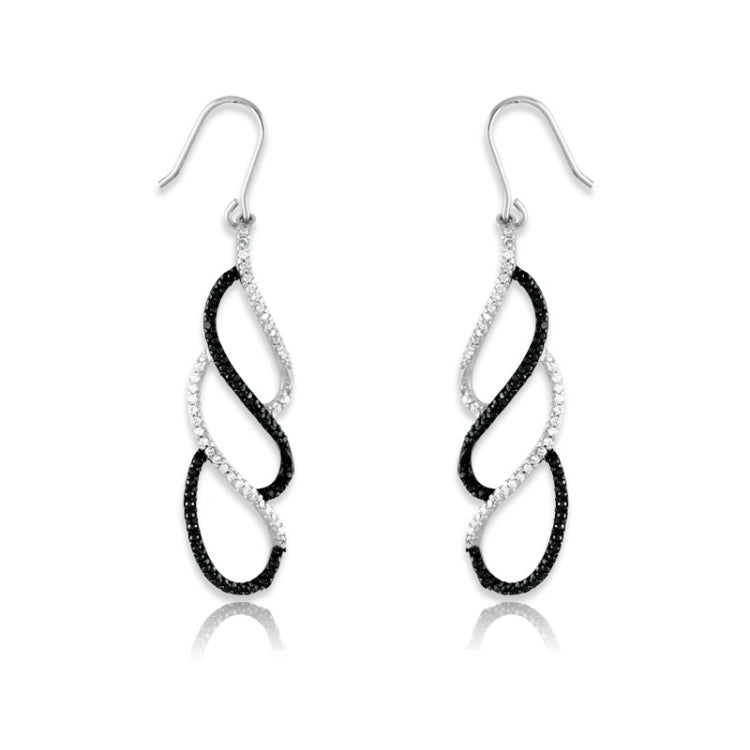 Sterling Silver and Black Rhodium with Black and Clear CZ Winding Earrings