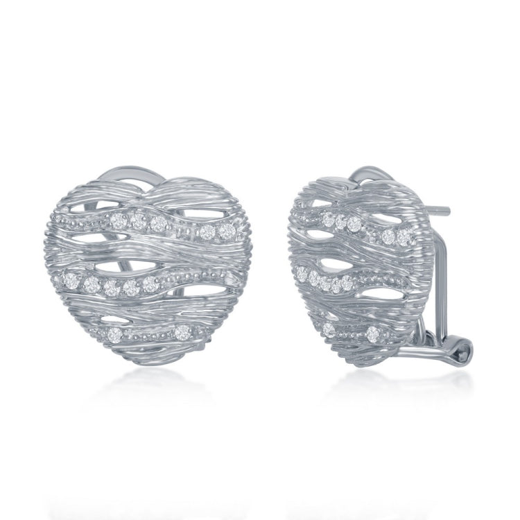 Sterling Silver and CZ Wavy-Design Heart Earrings