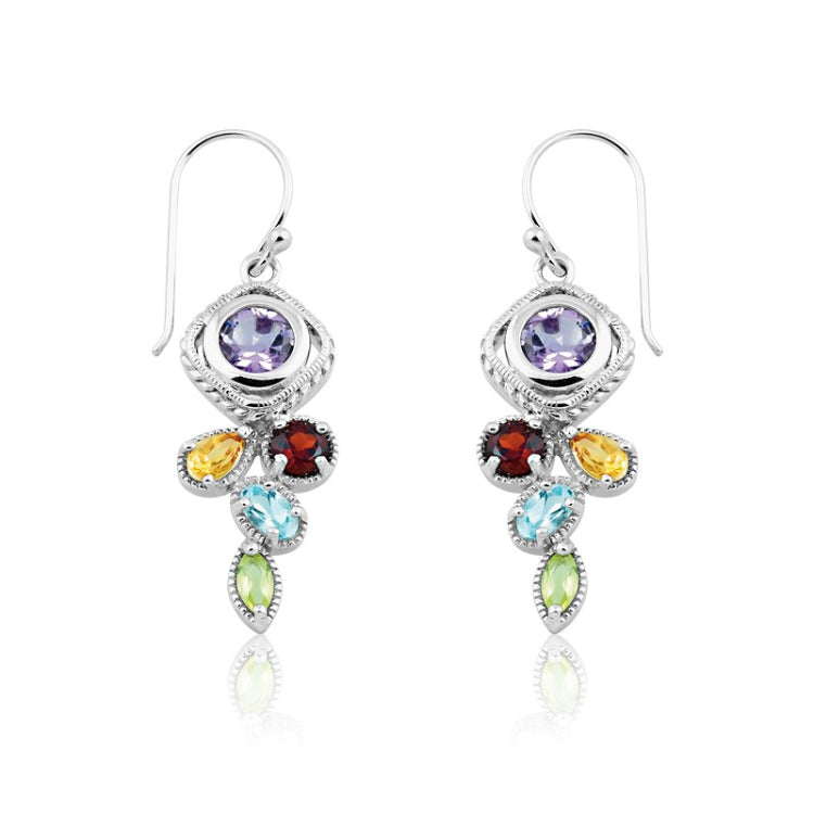 Sterling Silver Multi Shaped Multi Colored Amythest Circle on Top Gemstone Earrings
