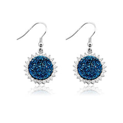 Sterling Silver Round Dark Blue Druzy w/Cz All Around Earrings