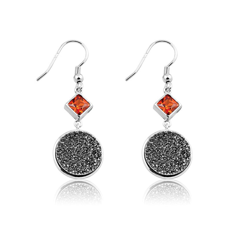Sterling Silver Black Druzy w/Red CZ on Top Round Dangling Earrings
