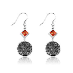 Sterling Silver Black Druzy w/Red CZ on Top Round Dangling Earrings