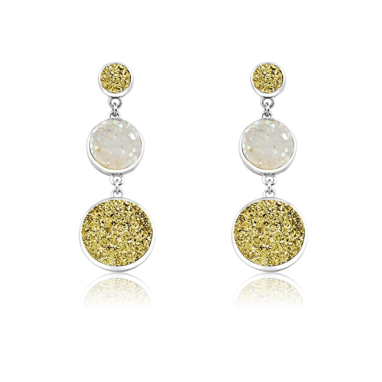 Sterling Silver Graduating Gold and Clear Alternating Druzy Long Dangling Earrings