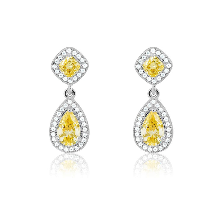 Sterling Silver Micro Pave Teardrop w/Yellow CZ Center and Sqaure on Top Earrings (80 stones)