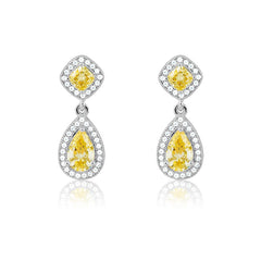 Sterling Silver Micro Pave Teardrop w/Yellow CZ Center and Sqaure on Top Earrings (80 stones)