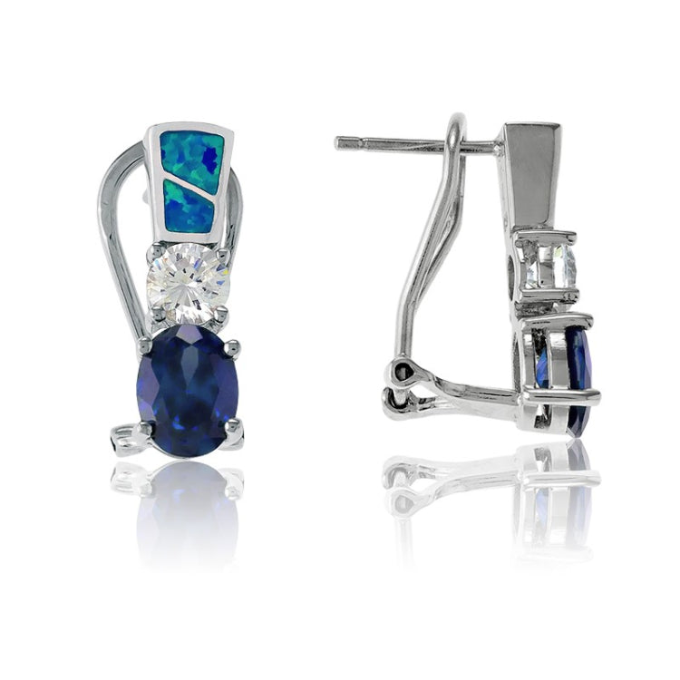 Sterling Silver Blue Inlay Opal, Round Clear CZ and Oval Tanzanite Earrings