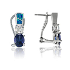 Sterling Silver Blue Inlay Opal, Round Clear CZ and Oval Tanzanite Earrings