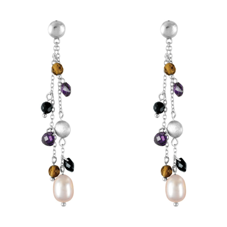 Sterling Silver Dangling Black, Smokey, Purple CZ w/Pearl Earrings