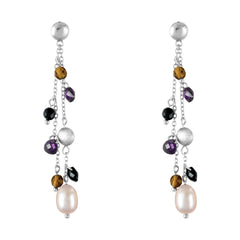 Sterling Silver Dangling Black, Smokey, Purple CZ w/Pearl Earrings