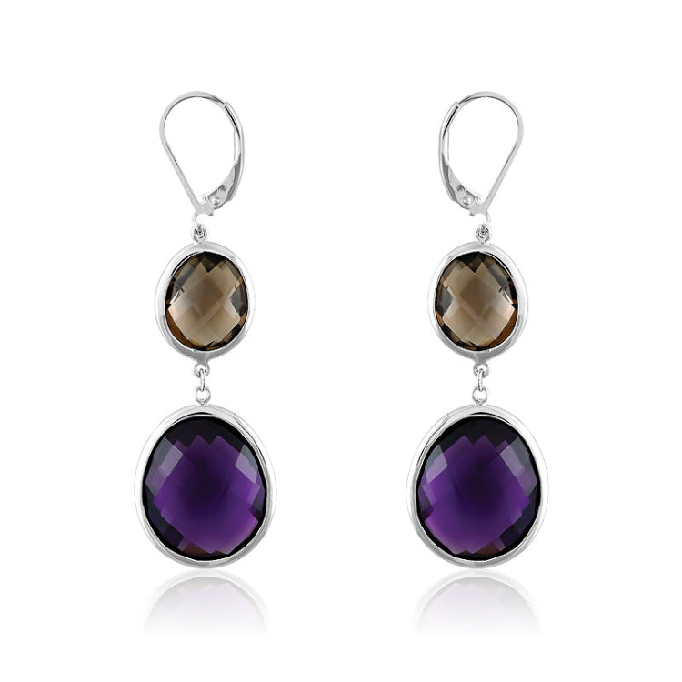 Sterling Silver Smoky Quartz and Purple Large Dangling Stone Earrings