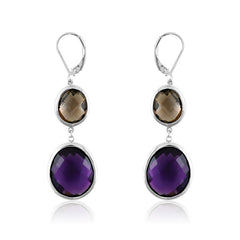 Sterling Silver Smoky Quartz and Purple Large Dangling Stone Earrings