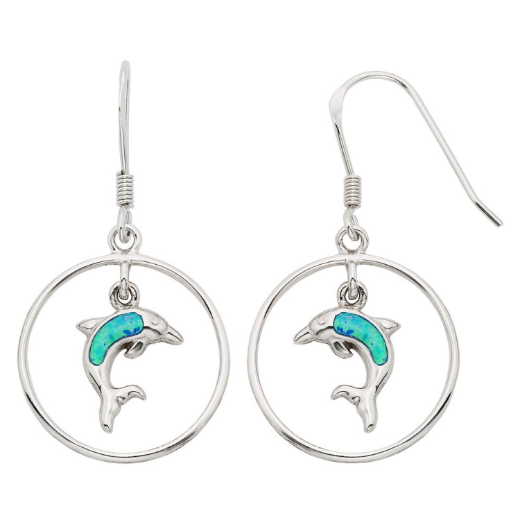Sterling Silver Open Circle w/Dangling Opal Dolphin Earrings