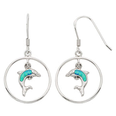 Sterling Silver Open Circle w/Dangling Opal Dolphin Earrings
