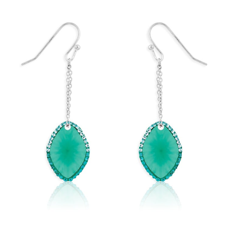Sterling Silver Marquise Blue-Green CZ w/Surrounding Green Crystals Dangling Earrings
