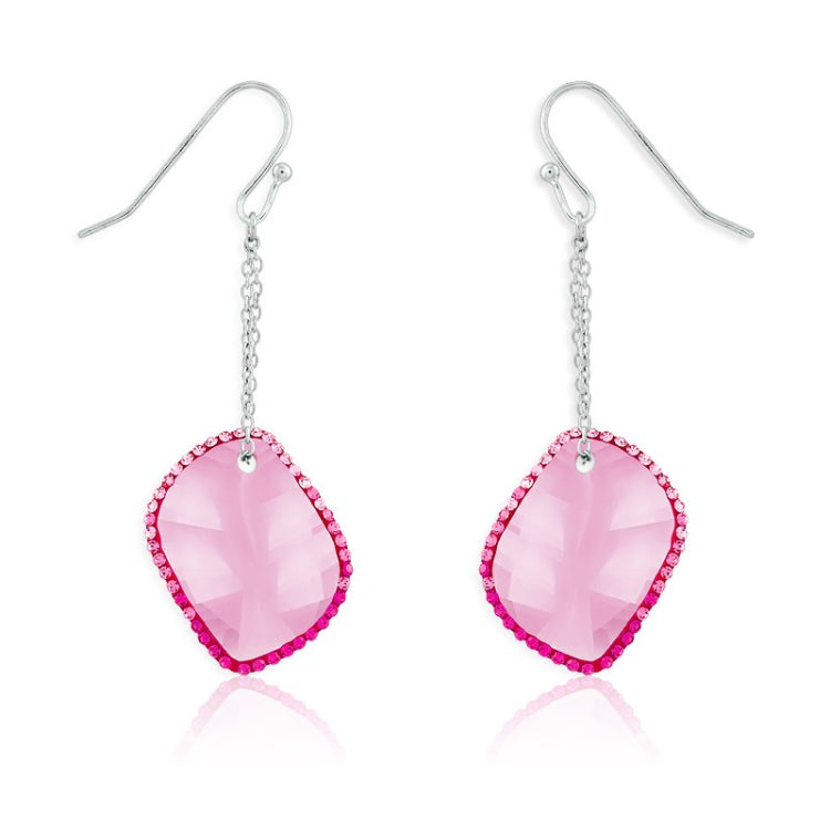 Sterling Silver Large Pink CZ w/Surrounding Pink Crystals Dangling Earrings