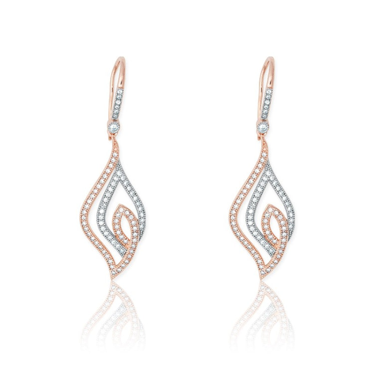 Sterling Silver Open Marquise Shaped Rose GP and Silver Micro Pave Earrings