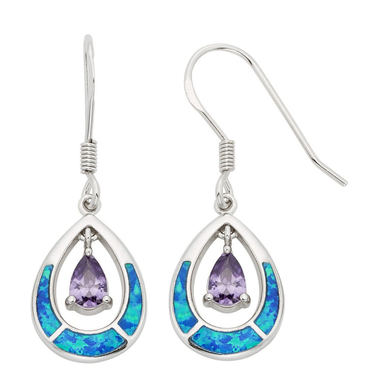 Sterling Silver Blue Inlay Opal Open Oval w/Purple Teardrop CZ Earrings