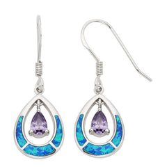 Sterling Silver Blue Inlay Opal Open Oval w/Purple Teardrop CZ Earrings