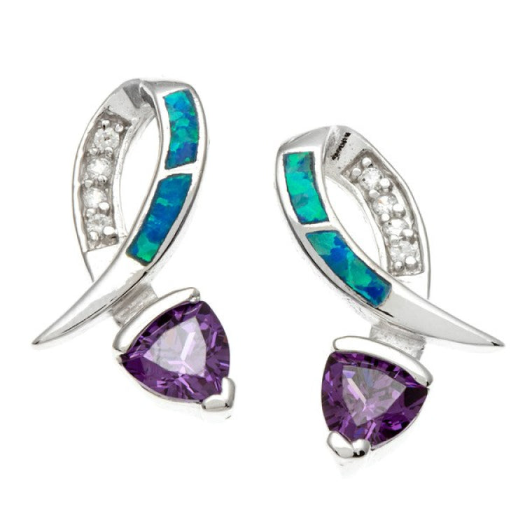 Sterling Silver CZ and Blue Inlay Opal w/ Blue CZ Earrings