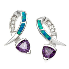 Sterling Silver CZ and Blue Inlay Opal w/ Blue CZ Earrings