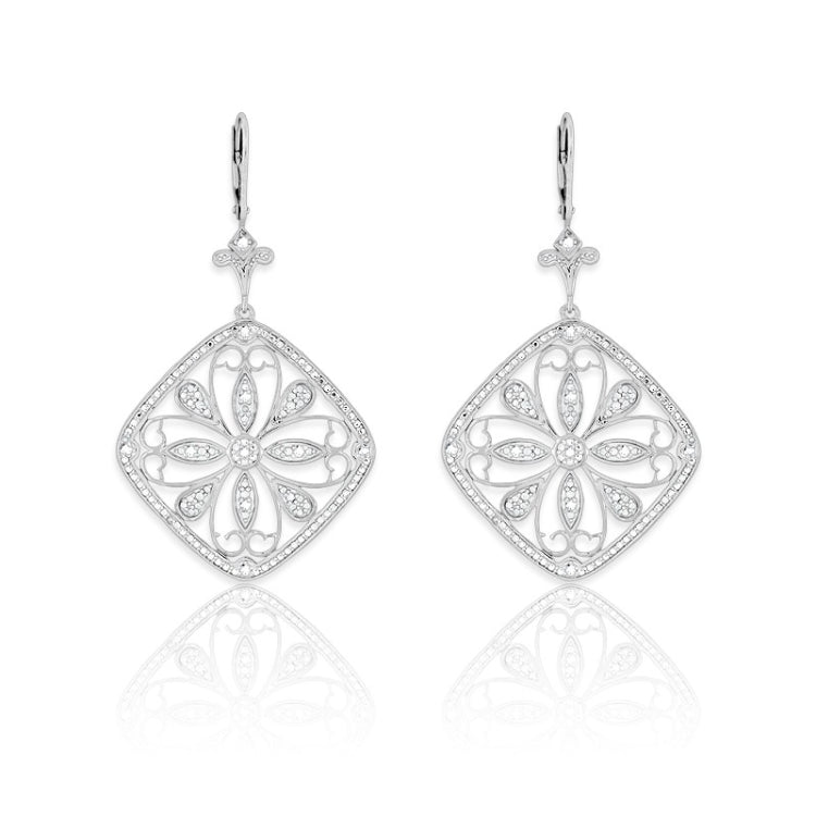 Sterling Silver Square  Diamond Earrings