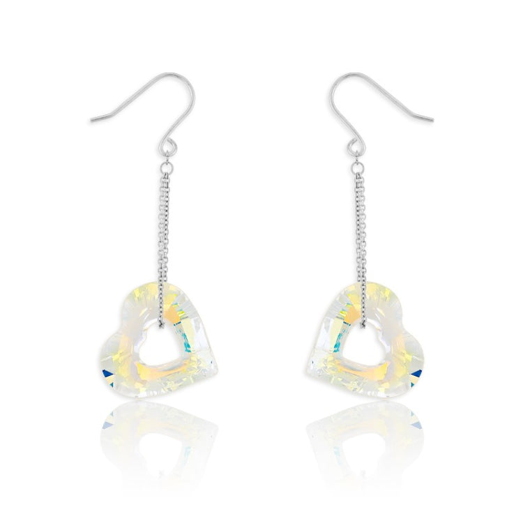 Sterling Silver AB Open Heart Swarovski Crystal Dangling Earrings