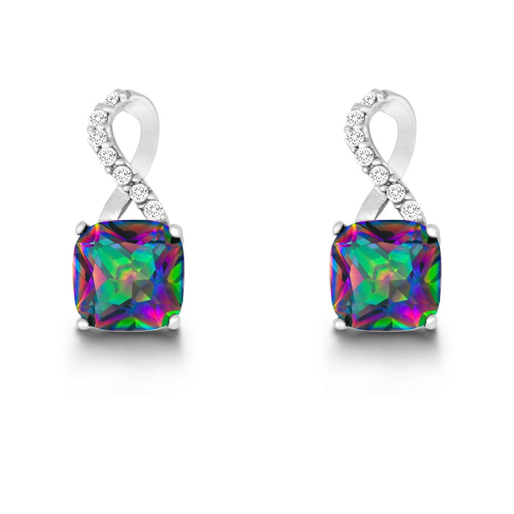 Sterling Silver Half CZ Figure 8 with Square Rainbow CZ Earrings