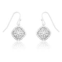 Sterling Silver Square Disc with Flower Cutout Diamond Earrings