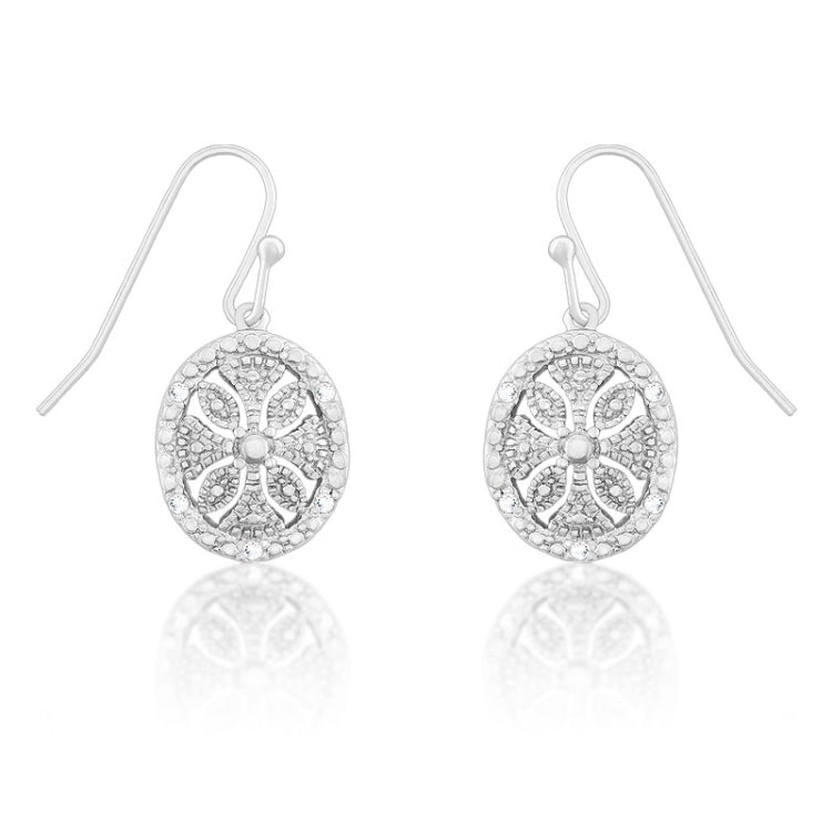 Sterling Silver Oval Disc with Flower Cutout Diamond Earrings