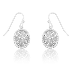 Sterling Silver Oval Disc with Flower Cutout Diamond Earrings
