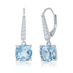 Sterling Silver Four-Prong 9x9mm Cushion-Cut Blue Topaz with White Topaz Earrings