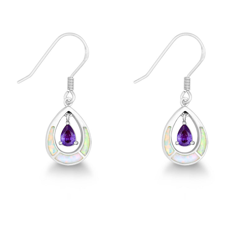 Sterling Silver White Inlay Opal Open Oval w/Purple Teardrop CZ Earrings