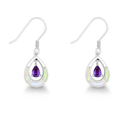 Sterling Silver White Inlay Opal Open Oval w/Purple Teardrop CZ Earrings