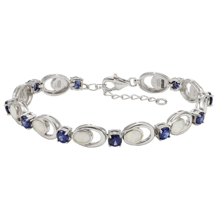 Sterling Silver Alternating Blue CZ and White Inlay Opal Bracelet