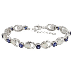 Sterling Silver Alternating Blue CZ and White Inlay Opal Bracelet