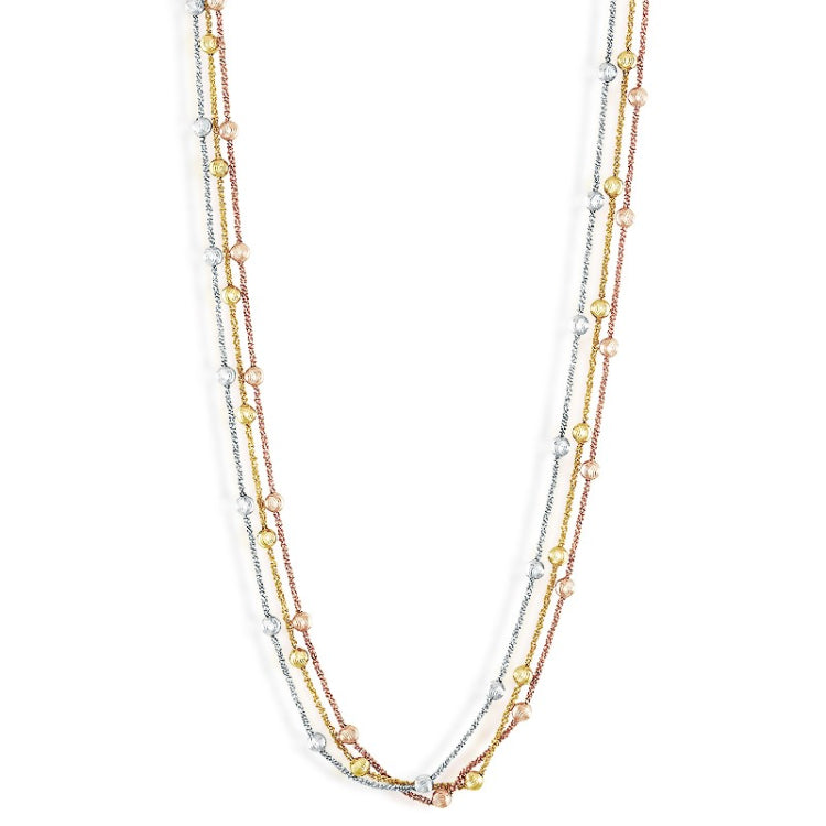 Sterling Silver  Triple Row Tri-Color Chain w/Beads Necklace