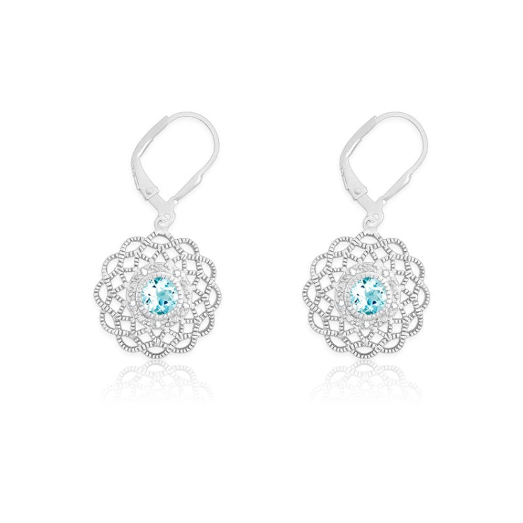 Sterling Silver Diamonds with Center Blue Stone Flower Shaped Earrings
