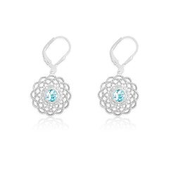 Sterling Silver Diamonds with Center Blue Stone Flower Shaped Earrings