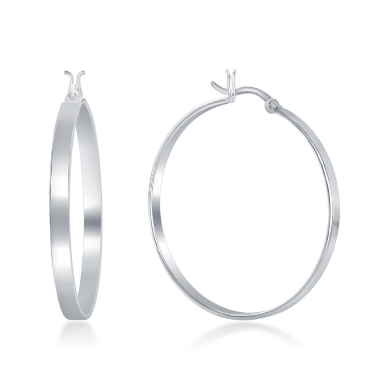 Steling Silver 4x40mm Flat Hoop Earrings - Rhdium Plated