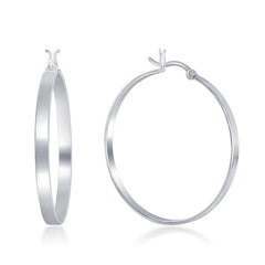 Steling Silver 4x40mm Flat Hoop Earrings - Rhdium Plated
