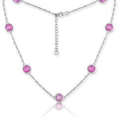 Sterling Silver Mini Oval  Chain W/ L.Pink Ovals Squares CZ Necklace